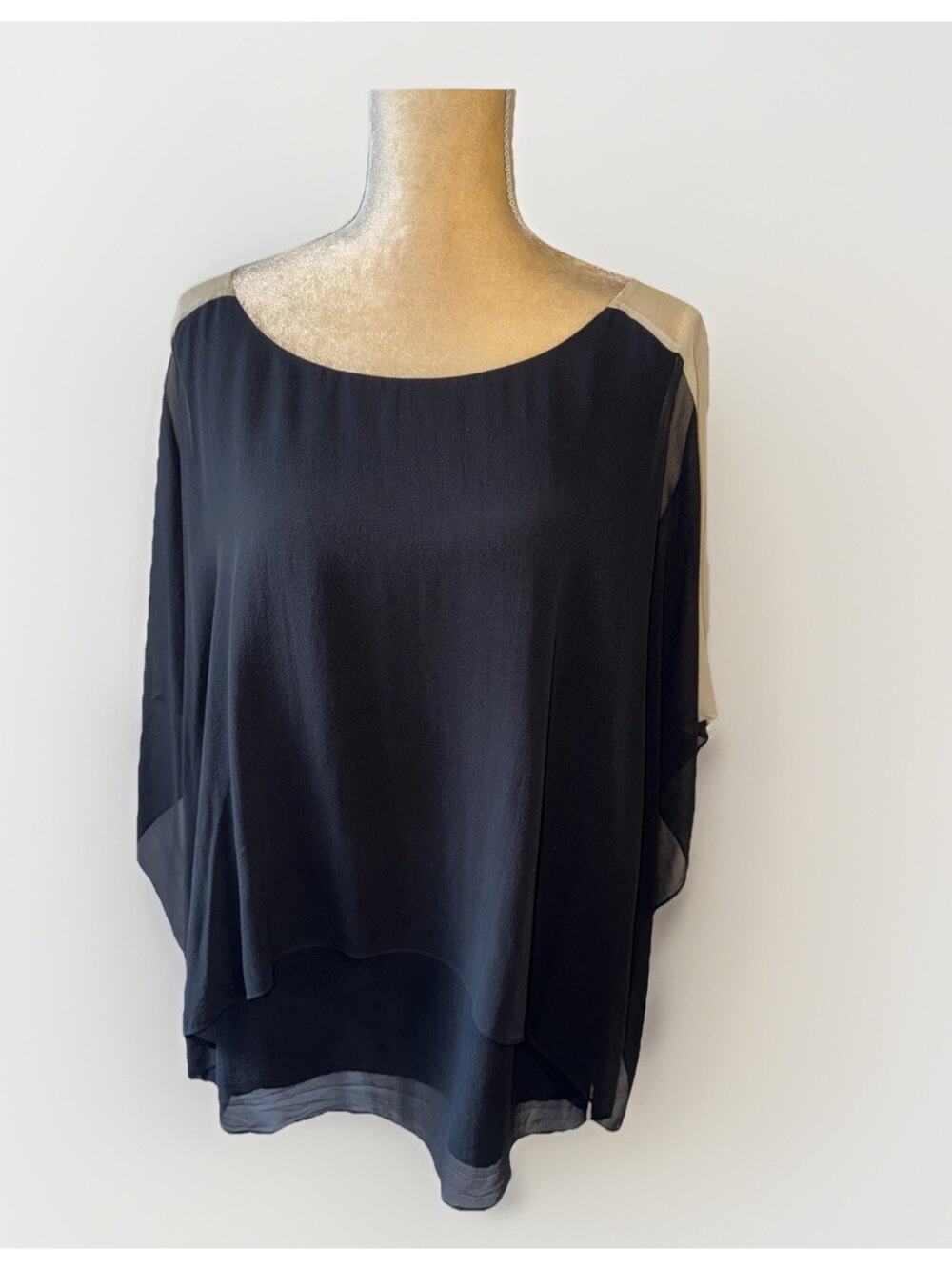 Eileen Fisher Black/Crème Gorgette Crepe Tiered Silk Blouse Size 1X